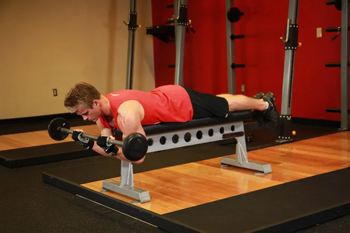 Lying High Bench Barbell Curl — contração