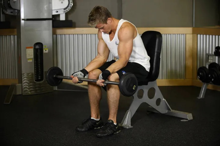 Seated Palm-Up Barbell Wrist Curl — posição inicial