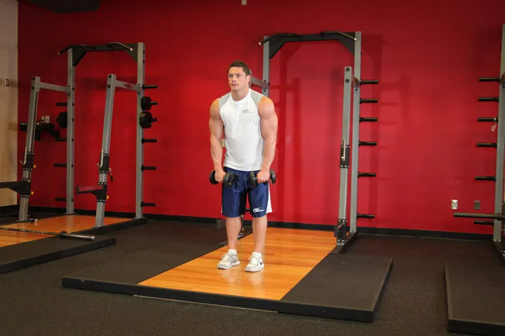 Em Pé com Halteres Straight-arm Front Delt Elevação Above Head — posição inicial
